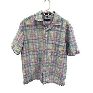 Linen Short Sleeve Men's L Button Up Plaid Shirt Multicolor Alan Flusser